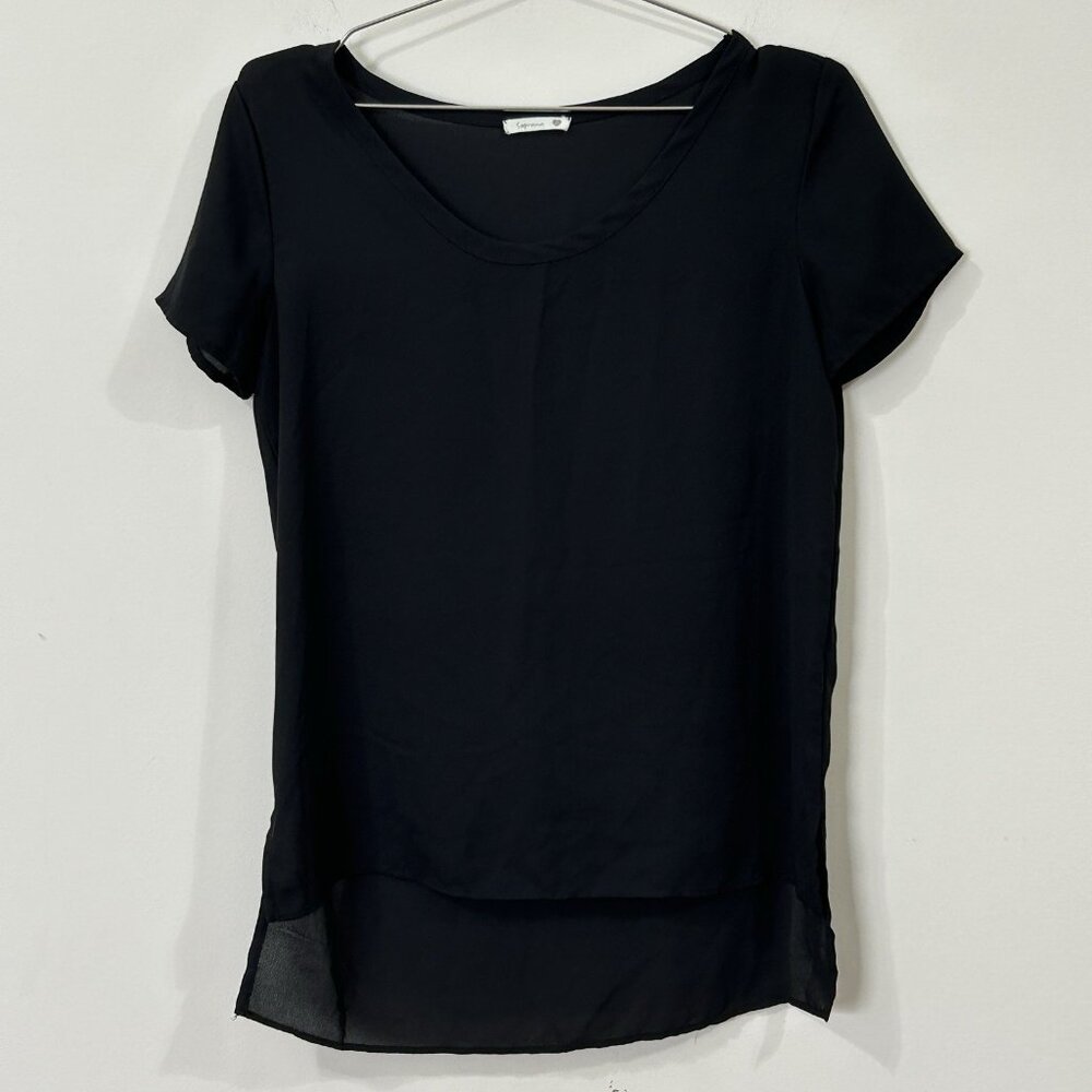 SOPRANO Womens XS Black Tunic Top High Low Split Sides Sheer Flowy T20508RK